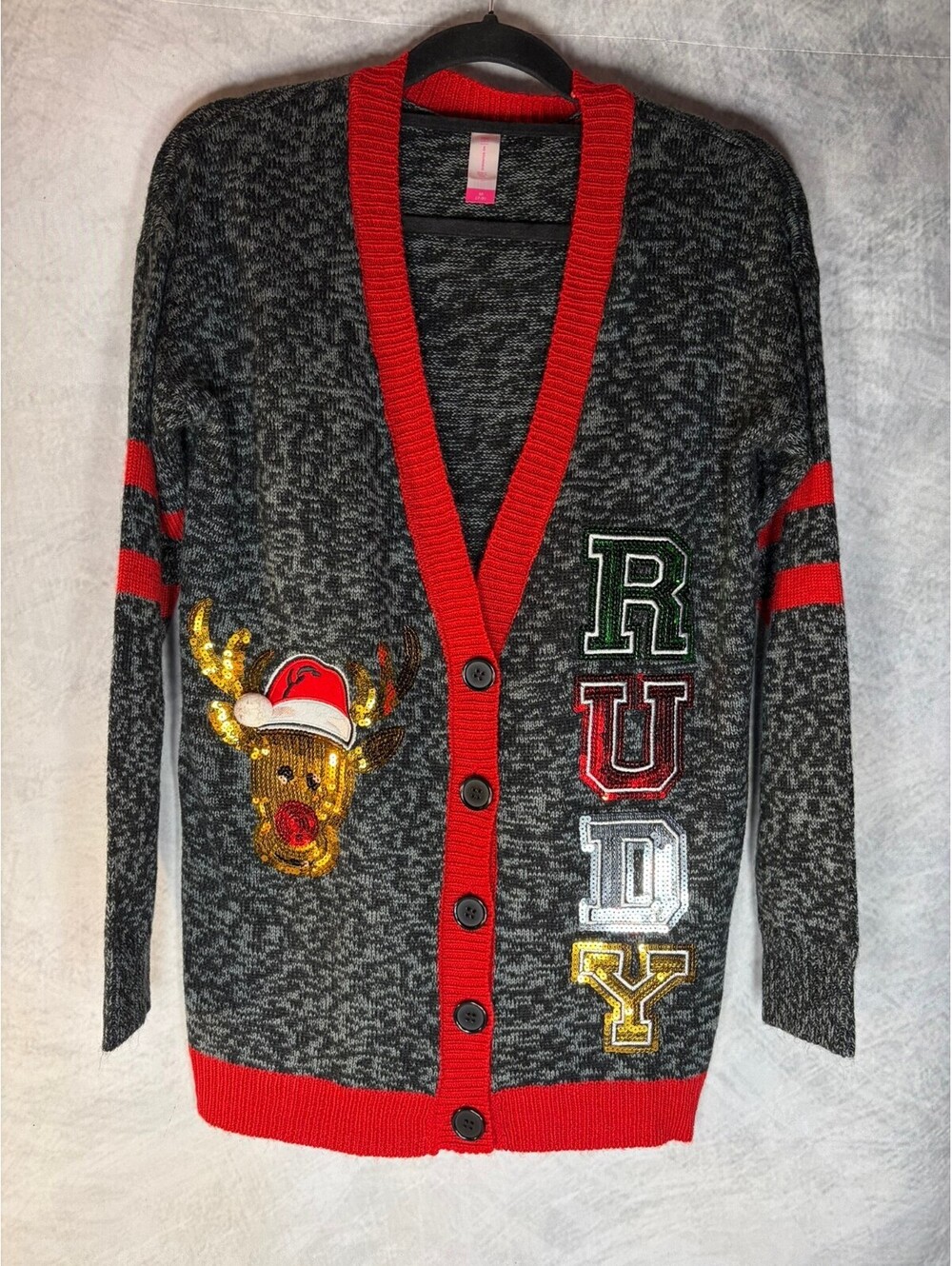 No Boundaries Rudy Rudolph Ugly Christmas Sweater Cardigan Juniors M 7-9 Sequin